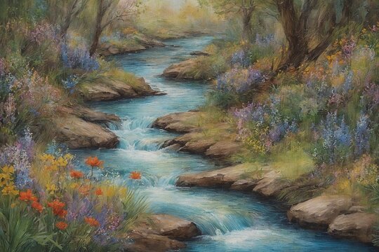 A serene, painterly landscape featuring a tranquil stream winding through vibrant wildflowers and lush greenery, with misty mountains in the distance under a soft, golden sky. - Powered by Adobe