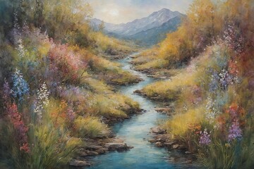 A serene, painterly landscape featuring a tranquil stream winding through vibrant wildflowers and lush greenery, with misty mountains in the distance under a soft, golden sky.
