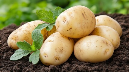 Freshly harvested potatoes resting on dark soil near lush greenery