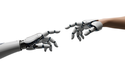 Robotic Hand, reaching towards human hand with intricate mechanical details, isolated on white or transparent background. PNG