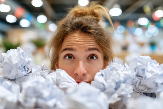 Woman overwhelmed by crumpled paper in office