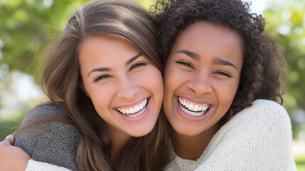 Two beautiful young women, shoulder to shoulder, are seen smiling broadly and laughing. They are embracing in a park setting, bathed in soft, natural light