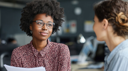 African female employer discussing qualifications with Hispanic candidate, open-space modern office design