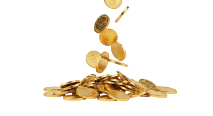 Gold Coins, pile falling and accumulating, isolated on white or transparent background. PNG