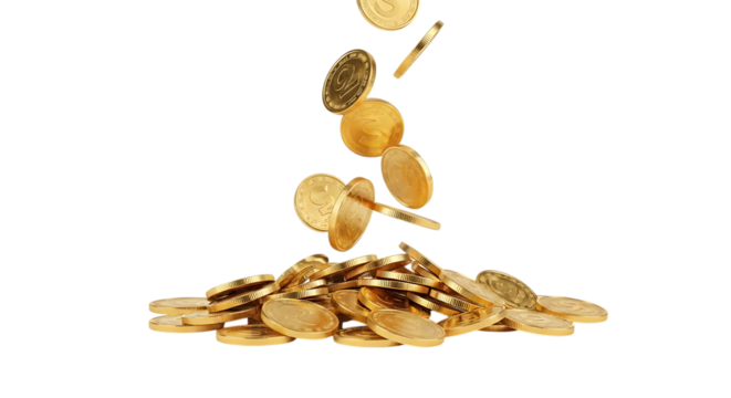 Gold Coins, pile falling and accumulating, isolated on white or transparent background. PNG