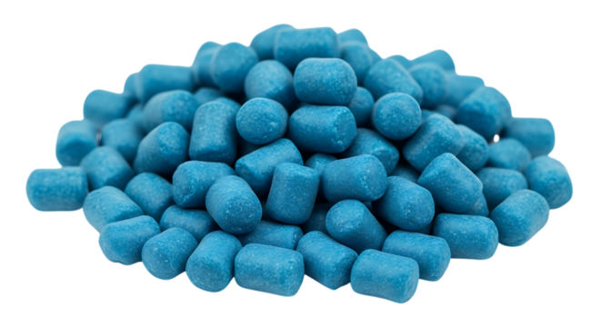 Candies, pile of small blue cylindrical with rounded edges, isolated on white or transparent background. PNG