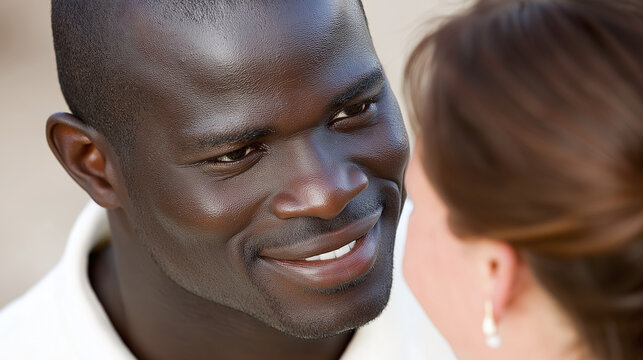 A close-up captures an African American man smiling while interacting with a woman. The atmosphere is warm and lighthearted, highlighting their connection
