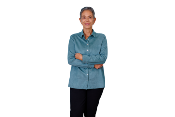 Senior asian woman in blue shirt standing with arms crossed, smiling confidently, gray hair, transparent background
