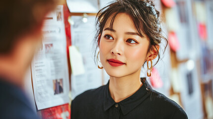 Asian female HR specialist reviewing a resume clipped to a board, candidate (Caucasian) explaining details, open-space office