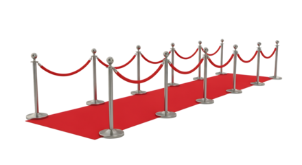 Red Carpet, with stanchions and ropes, isolated on white or transparent background. PNG
