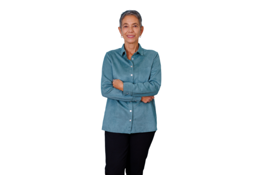 Senior asian woman in blue shirt standing with arms crossed, smiling confidently, gray hair, transparent background