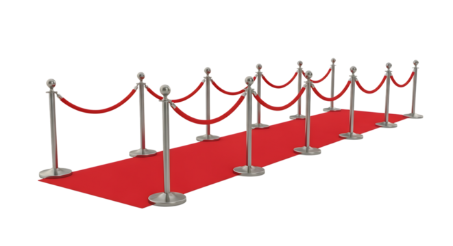 Red Carpet, with stanchions and ropes, isolated on white or transparent background. PNG