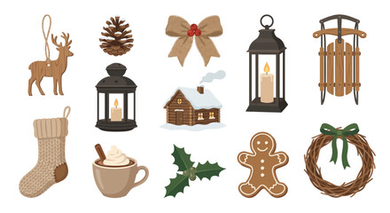 A charming collection of hand-drawn rustic Christmas and cozy winter holiday elements for seasonal design