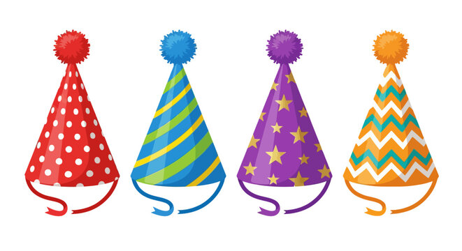 Vibrant collection of cheerful party hats with diverse patterns and colorful pompoms, perfect for birthdays, celebrations, and festive events