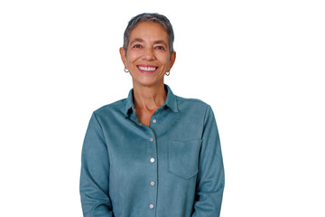 Senior woman smiling confidently, posing on a transparent background, expressing happiness and well-being