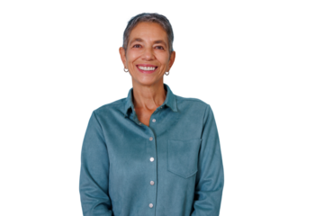 Senior woman smiling confidently, posing on a transparent background, expressing happiness and well-being