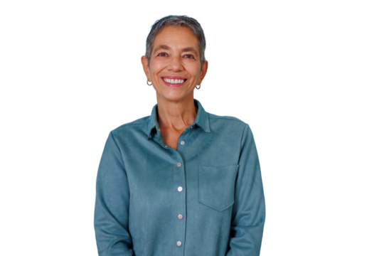 Senior woman smiling confidently, posing on a transparent background, expressing happiness and well-being