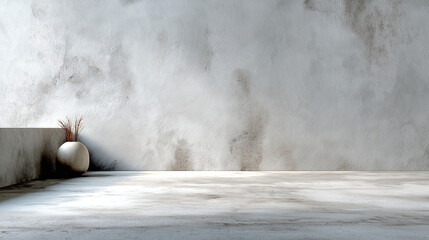Minimalist studio display exhibiting light grey plaster wall with textured surface and concrete floor. A simple vase contains dried botanical elements, creating calm ambiance