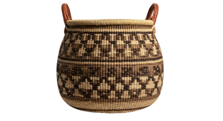 Storage Basket, woven with geometric pattern and leather handles, isolated on white or transparent background. PNG