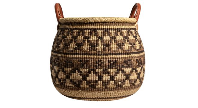 Storage Basket, woven with geometric pattern and leather handles, isolated on white or transparent background. PNG