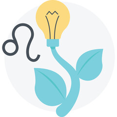 Symbolic representation of Leo zodiac sign with a growing plant sprouting a lightbulb symbolizing new ideas and inspiration against a soft gray circular background
