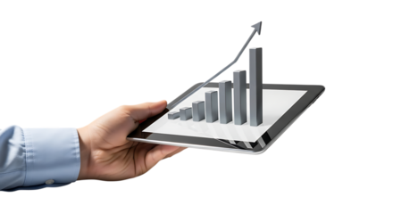 Hand Holding Tablet, displaying 3D bar graph with upward trending arrow, isolated on white or transparent background. PNG