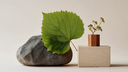 A bright green leaf rests against a smooth, dark rock. A small, twiggy plant sits in a wooden vase atop a concrete block. Gentle lighting creates a calming mood