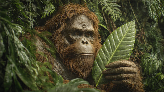 Orangutan in Rainforest :A captivating portrayal of a wise orangutan amidst the dense, vibrant green of a rainforest.