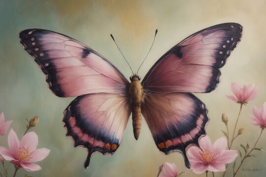 A delicate butterfly with soft pink and deep purple wings hovers gracefully among blooming pink flowers, set against a gentle, dreamy background.