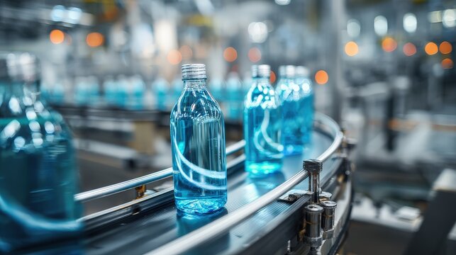 Numerous filled glass bottles containing light blue liquid move along a curving industrial conveyor belt.