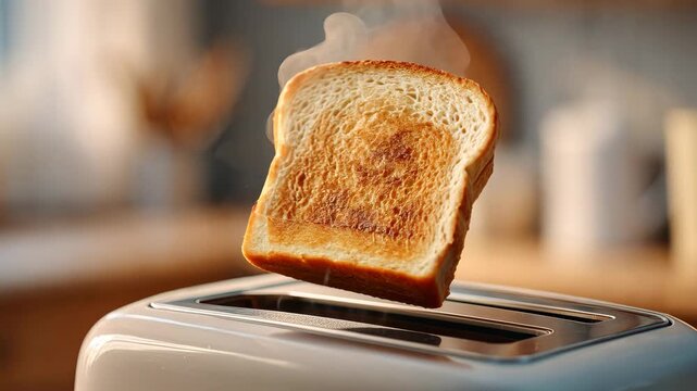 Golden brown toast ejects from toaster with rising steam in kitchen setting