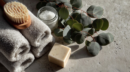 This flat lay showcases spa elements such as folded soft towels, a body brush, Epsom salts, handmade soap, and eucalyptus sprigs. The warm light creates a calming and clean mood