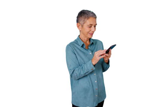 Senior woman smiling, using mobile phone, texting, browsing, connecting, happy with smartphone - Powered by Adobe