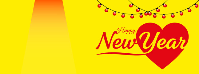 Cheerful vector greeting 'Happy New Year' on a red heart, illuminated by red string lights against a vibrant yellow background. Ideal for warm and inviting promotions.