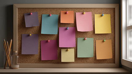 A bright room shows a cork board with many colorful paper notes pinned to it. A jar of pencils sits beside the board. Natural light illuminates the scene, creating a calm atmosphere