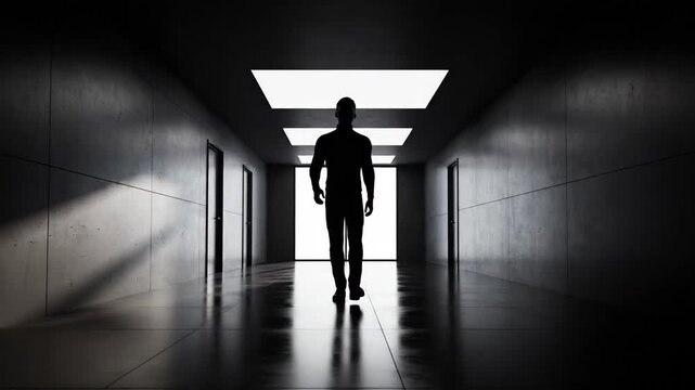 Silhouette walking down dark corridor with overhead lighting