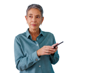 Senior woman holding phone, texting, thinking, looking away, with gray hair, isolated, transparent background