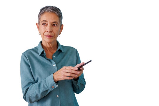 Senior woman holding phone, texting, thinking, looking away, with gray hair, isolated, transparent background - Powered by Adobe