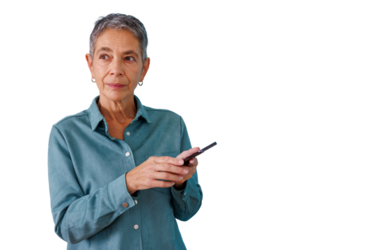 Senior woman holding phone, texting, thinking, looking away, with gray hair, isolated, transparent background