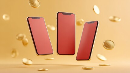 Three smartphones with red screens floating against a golden background, surrounded by shiny coins, showcasing modern technology and design elements