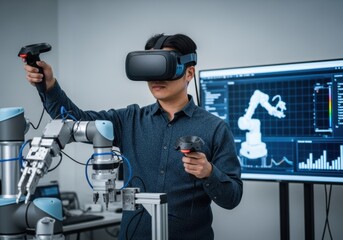 Engineer using VR headset to control a robotic arm in a modern laboratory setting