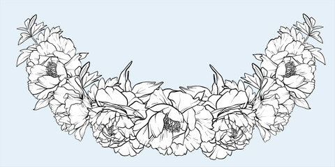 Floral garland of Peony. Line art vector illustration spring flowers. Flower graphic illustration. Plant drawing in line art style. Hand drawn outline flowers painted by black inks. eps10