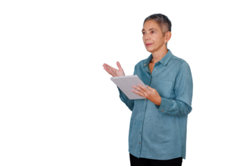 Mature businesswoman presenting with digital tablet, gesturing while speaking, having transparent background, copy space