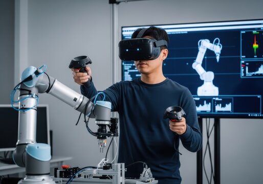 Engineer using VR headset to control a robotic arm in a modern laboratory