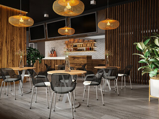 3d render cafe shop restaurant interior