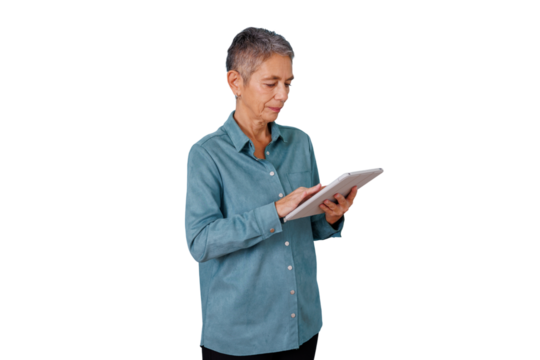 Senior woman standing, learning and interacting with a digital tablet, embracing technology, transparent background