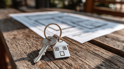 A set of keys with a house-shaped keychain rests atop a rustic wooden surface. Architectural plans lay softly blurred in the background, bathed in gentle sunlight