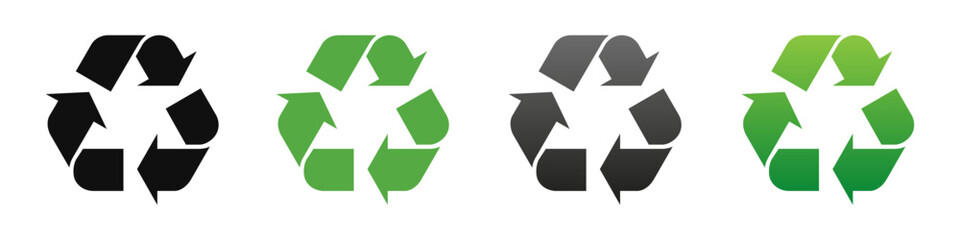 Fototapeta premium Set of vector recycling icons in flat style showing plastic recycle symbol with green eco friendly arrows. Vector illustration of eco icons designed for sustainability, environment awareness