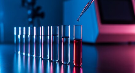 Pipette adding red liquid drop into a test tube in a modern science laboratory for chemical research
