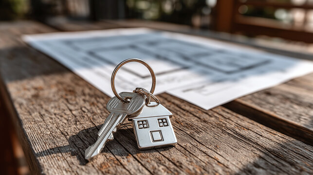 A set of keys with a house-shaped keychain rests atop a rustic wooden surface. Architectural plans lay softly blurred in the background, bathed in gentle sunlight